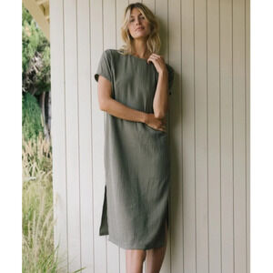 Jenni Kayne Cypress Caftan Dress Short Sleeve Tshirt Dress, Olive Green Gauze S
